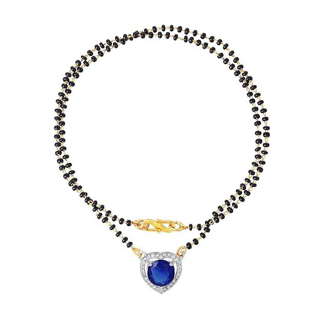 Gold & Rhodium Plated Stylish Heart Pendant Mangalsutra Chain With Black Beads & Blue Crystal For Women : OSAKMS001-2TNBLNK