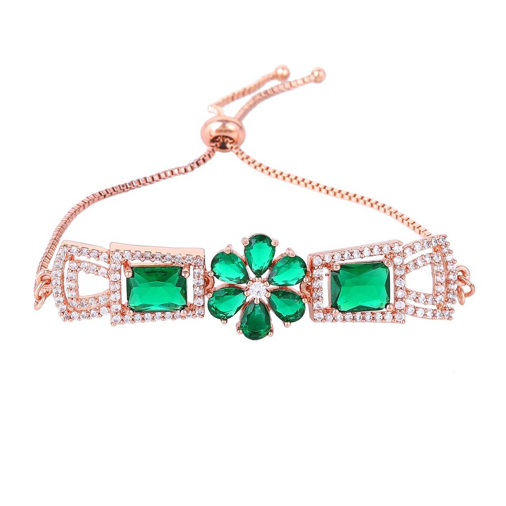 Estele Rosegold Plated Stylish Floral Designer Adjustable Charm Bracelet With Shiny Green American Diamonds Fo : AD-068-RGGNBR