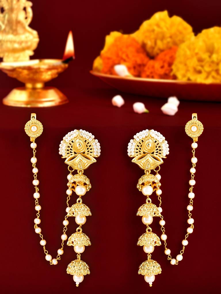 Aradhana Roshini Long Drop Jhumka With Ear Chain : 8905124510652