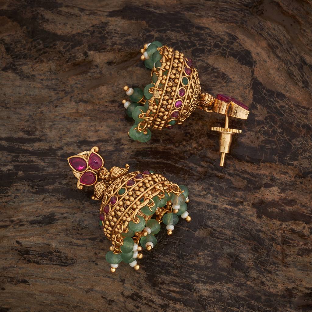 Kushal'S Fashion Jewellery Ruby-Green Gold-Plated Ethnic Antique Jhumkas-433676 : 433676