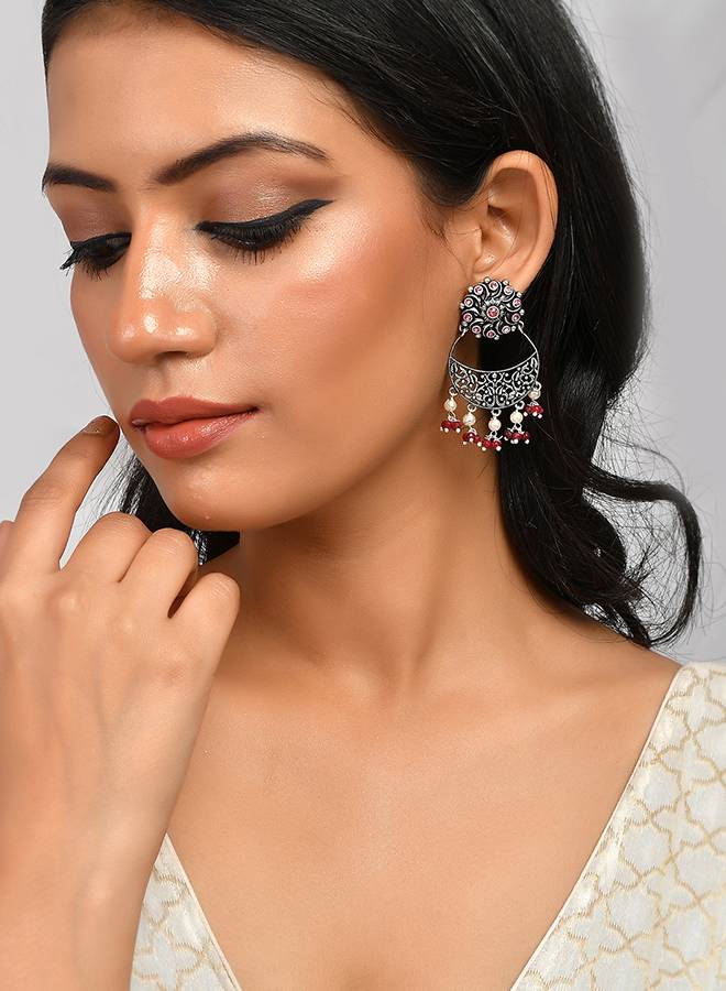 Abharan Round Cut Pink Stones And Pearls Drop Earrings-Vmjai44932 : 8905124493412