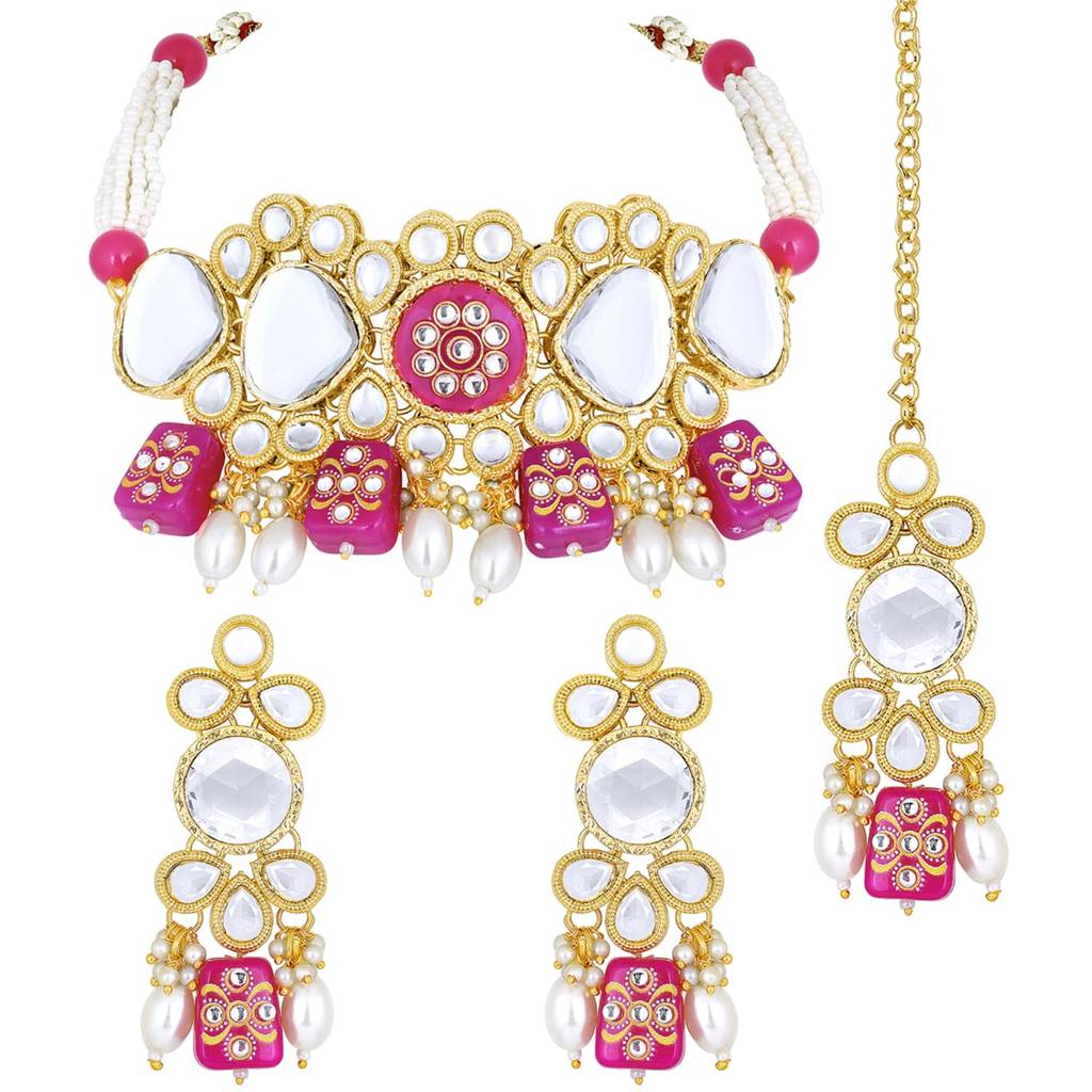 Gold Plated Kundan Beads Studded Choker Necklace Dangle Earrings & Maangtikka Set Ethnic Fashion Jewellery Gift F : PF25N080RP