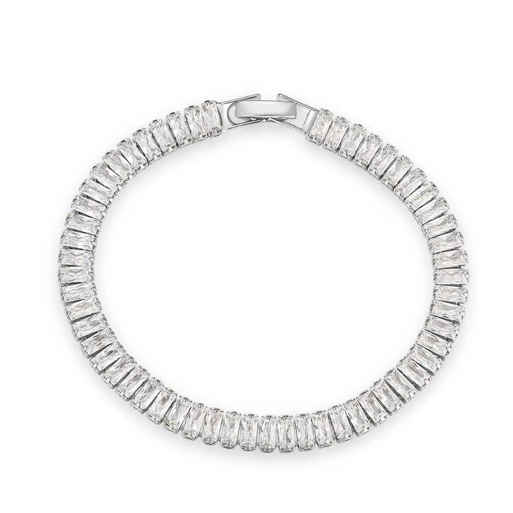 Silver Plated Baguette Stone Studded Tennis Bracelet Stylish Fashion Jewellery For Women & Girls : PX8B74