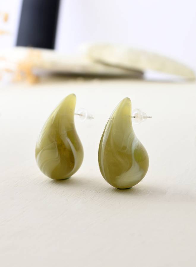 Resin Olive Green Teardrop Stud Earrings : 8905124526226