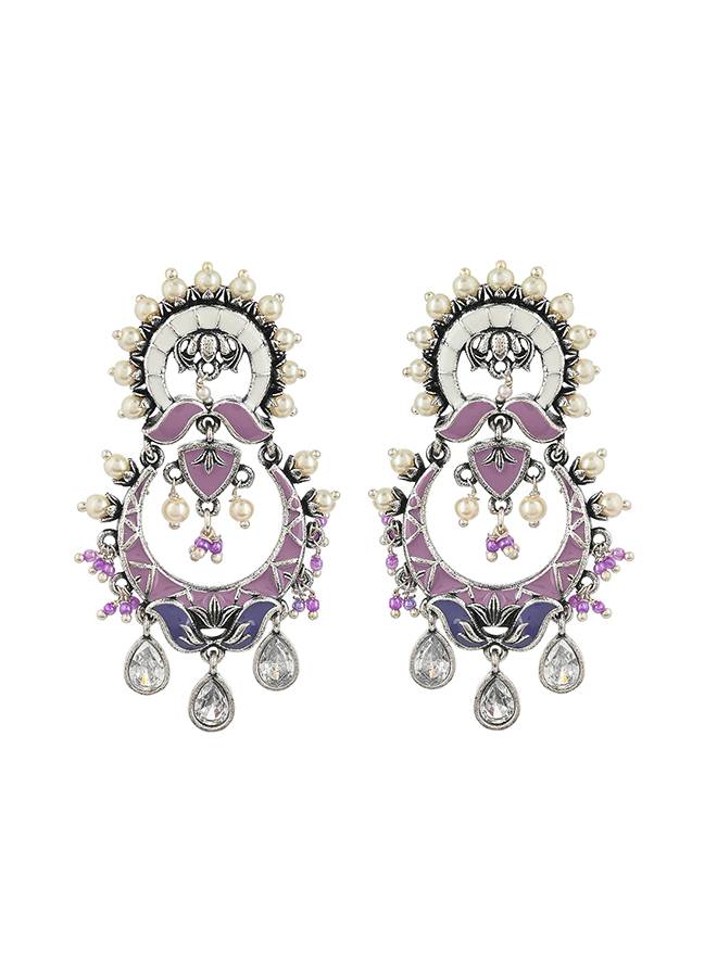 Shwet Kamal Floral Motifs Faux Pearls And Kundan Adorned Silver Plated Earrings : 8905124464474