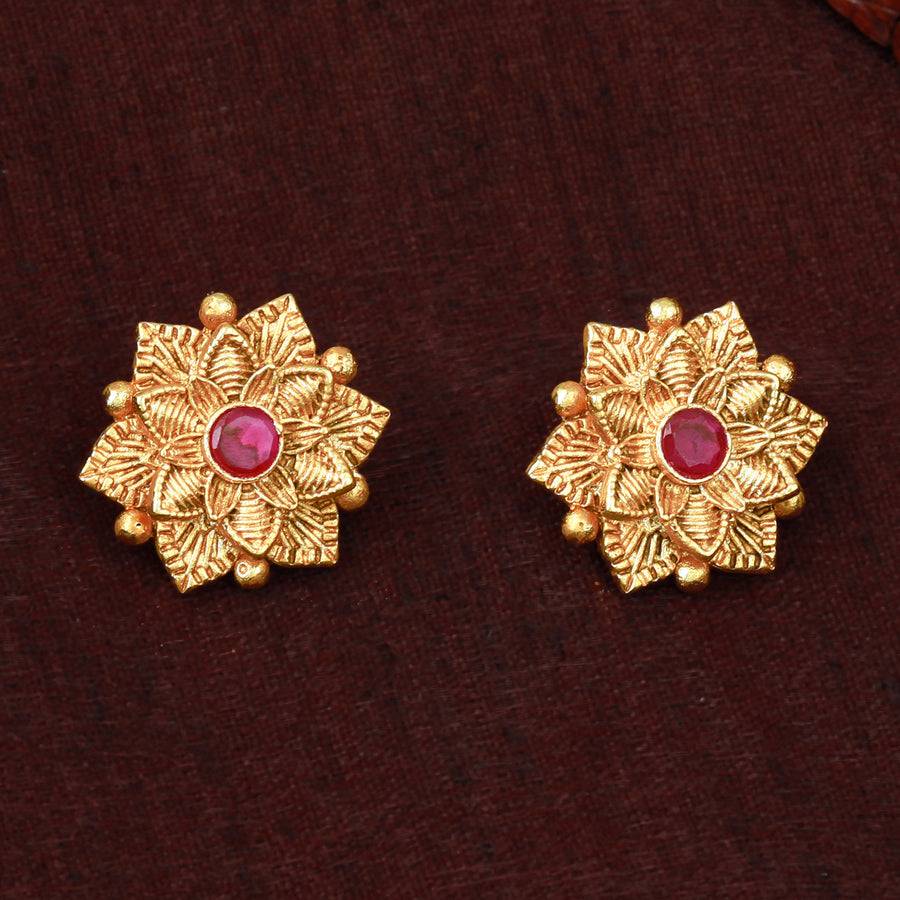 Estele Gold Plated Flower Designer Matte Finish Stud Earrings With Ruby Crystals For Women. : AD-116715-IGRBER