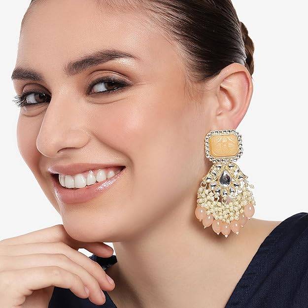 Estele Gold Plated Fashionable Gehena Drop Earrings With Peach Beads For Women : PJ-013-IGPHER