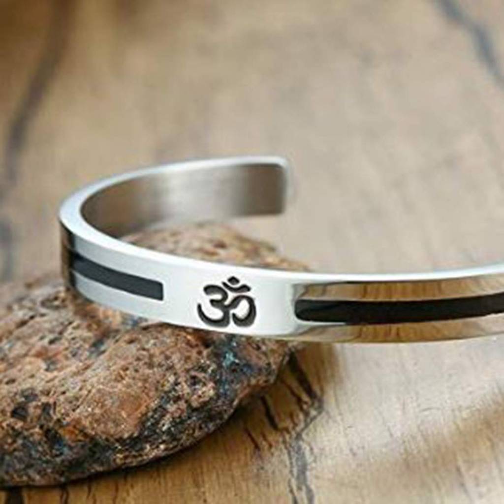 Stainless Steel Buddha Namaste Ohm Om Aum Sanskrit Symbol Cuff Bracelet Kada For Men Hindu Yoga Jewellery For Boys : PX9B78