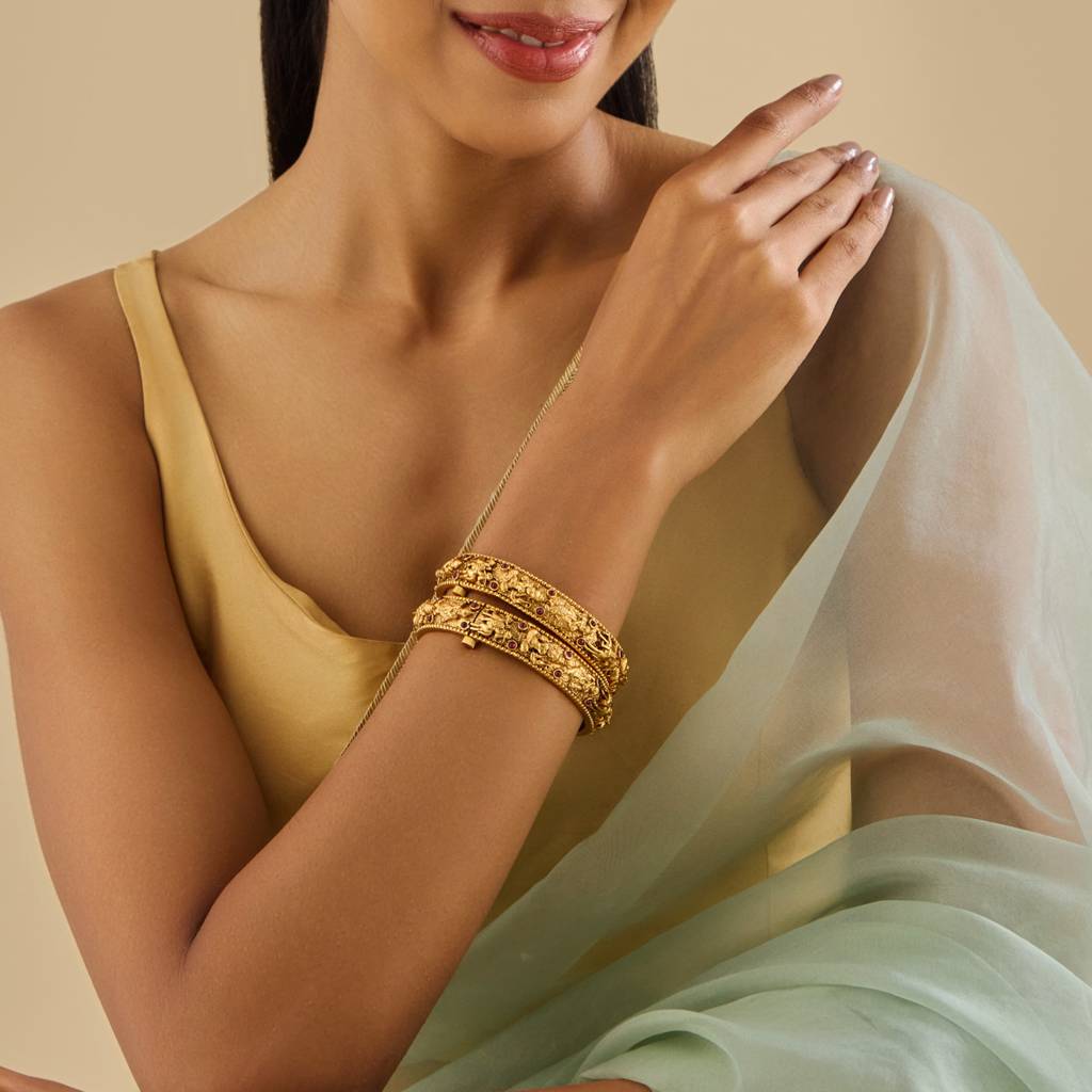 Kushal'S Fashion Jewellery Gold-Plated Synthetic Stones Ethnic Antique Bangle-165064 : 406754