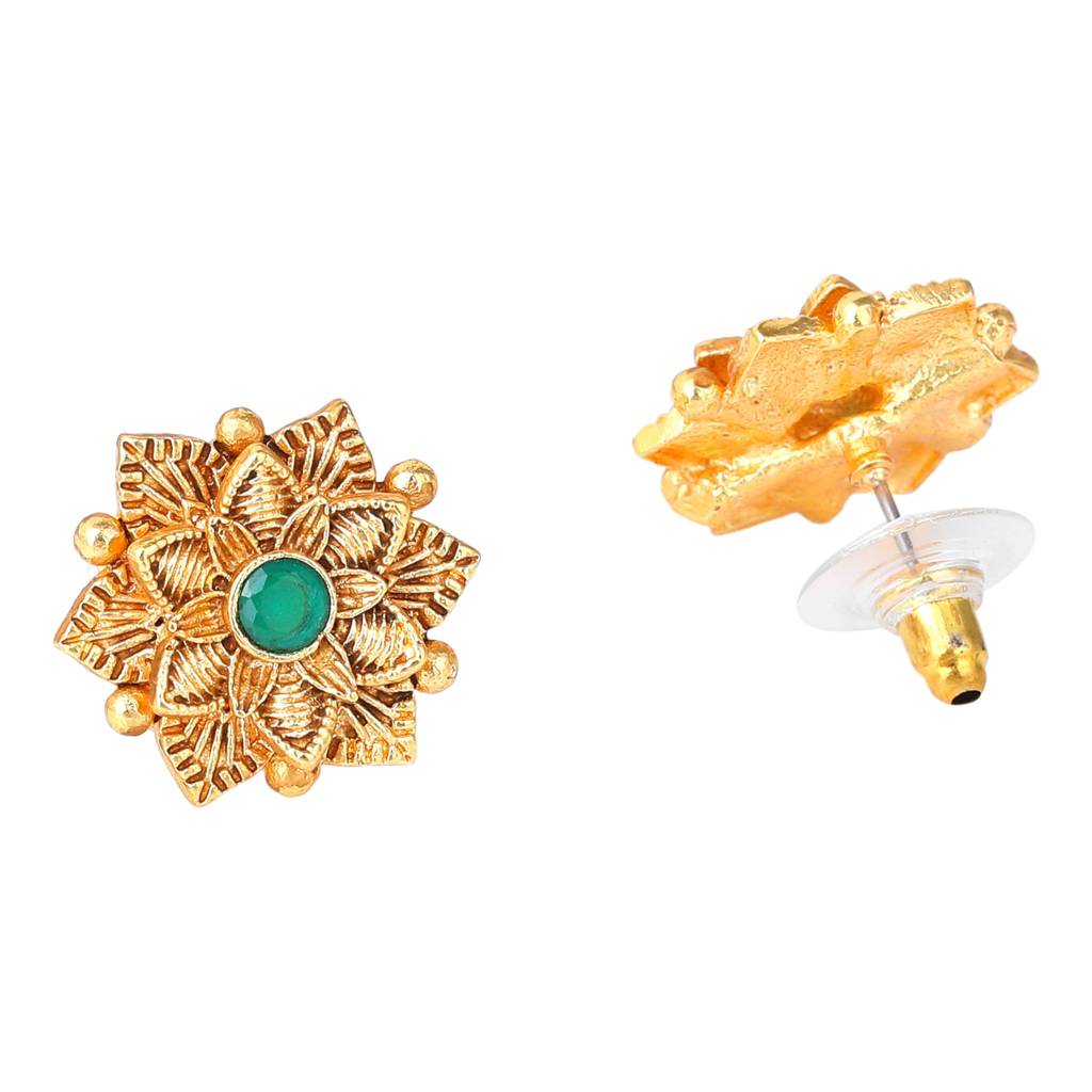 Estele Gold Plated Flower Designer Matte Finish Stud Earrings With Green Crystals For Women : AD-116715-IGGNER