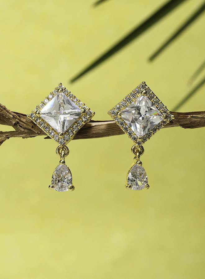 Sparkling Elegance Teardrop And Rectangle Cut Zircons Brass Gold Plated Earrings : 8905124472233