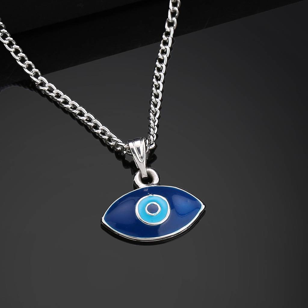 Estele Rhodium Plated Auspicious Evil Eye Charm Pendant With Navy Blue & Turquoise Blue Enamel For Women : 1012-IR-NBTQPENDANT