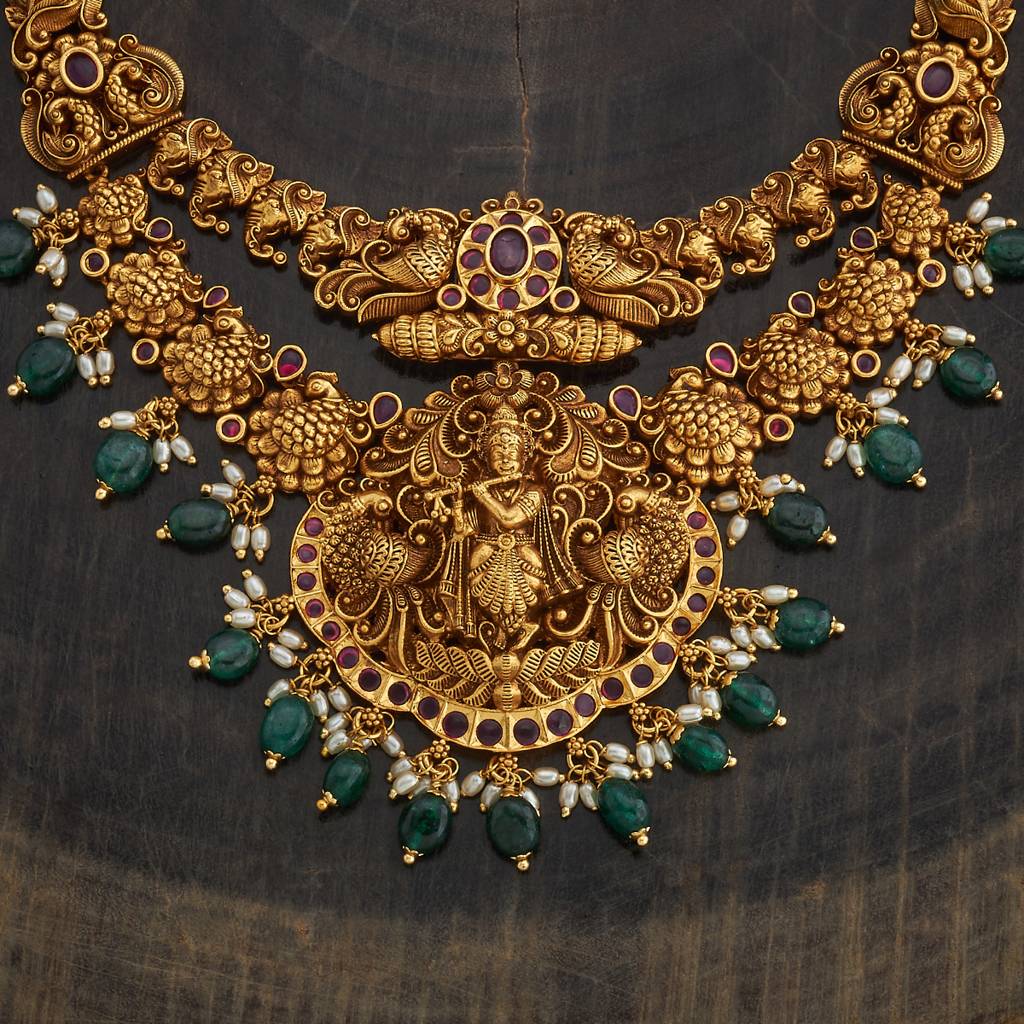 Ruby-Green Gold-Plated Ethnic Antique Necklace Set-433514 : 433514