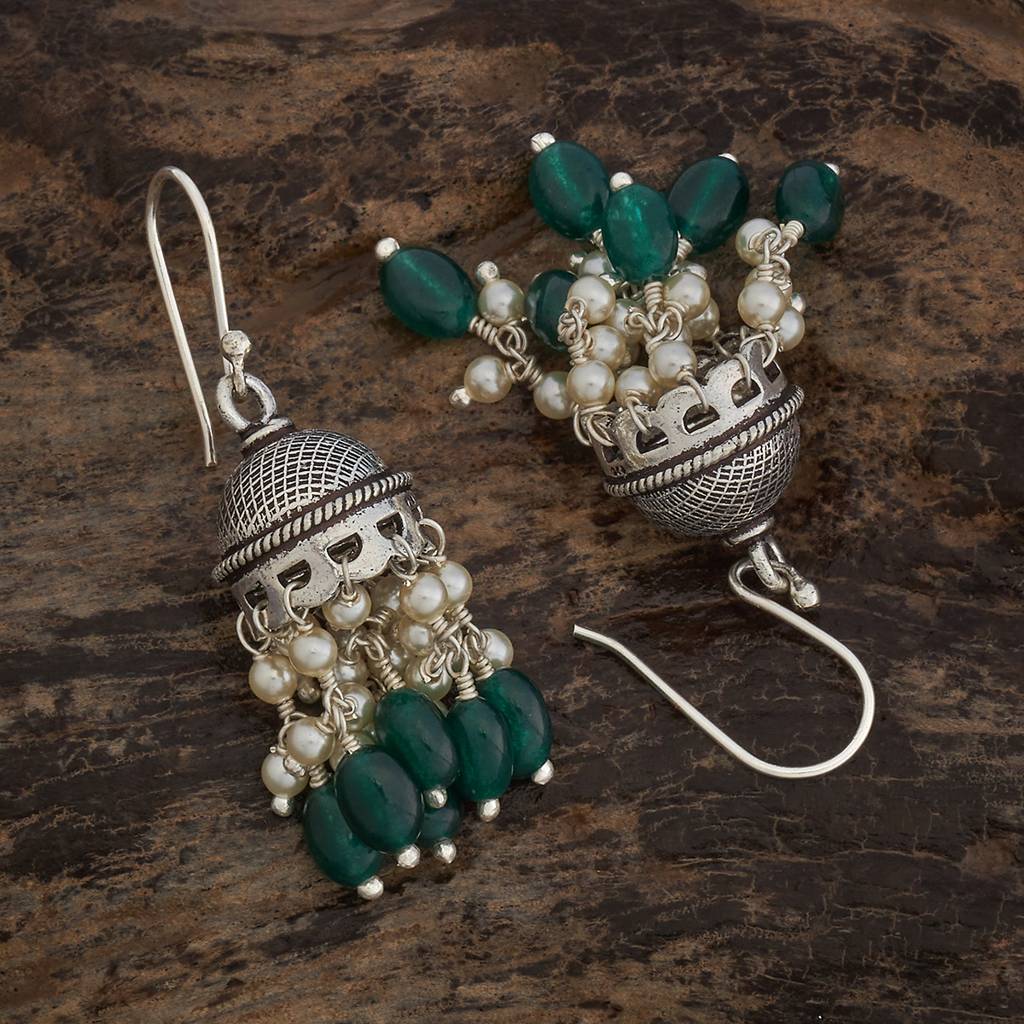 Green Oxidised-Silver Plated Ethnic Pure Silver Jhumkas-434487 : 434487