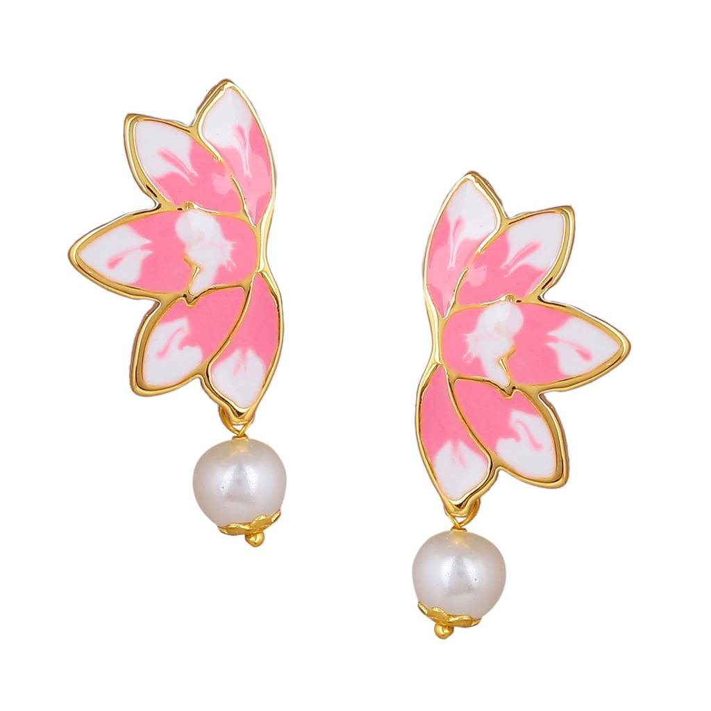 Estele Gold Plated Alluring Lotus Designer Pearl Necklace Set With Pink Enamel For Girl'S & Women : 10195-IGNKER