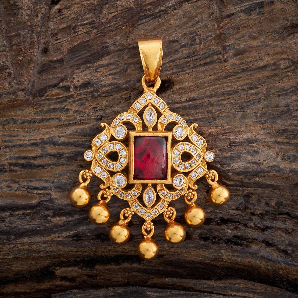 Kushal'S Fashion Jewellery Ruby Gold-Plated 92.5 Pure Temple Silver Pendant Set -425306 : 425306