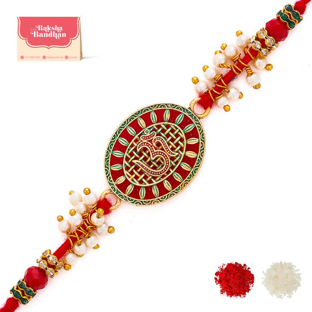 Om Pearl Enameled Rakhi With Roli Chaawal Pack : 8905124413281