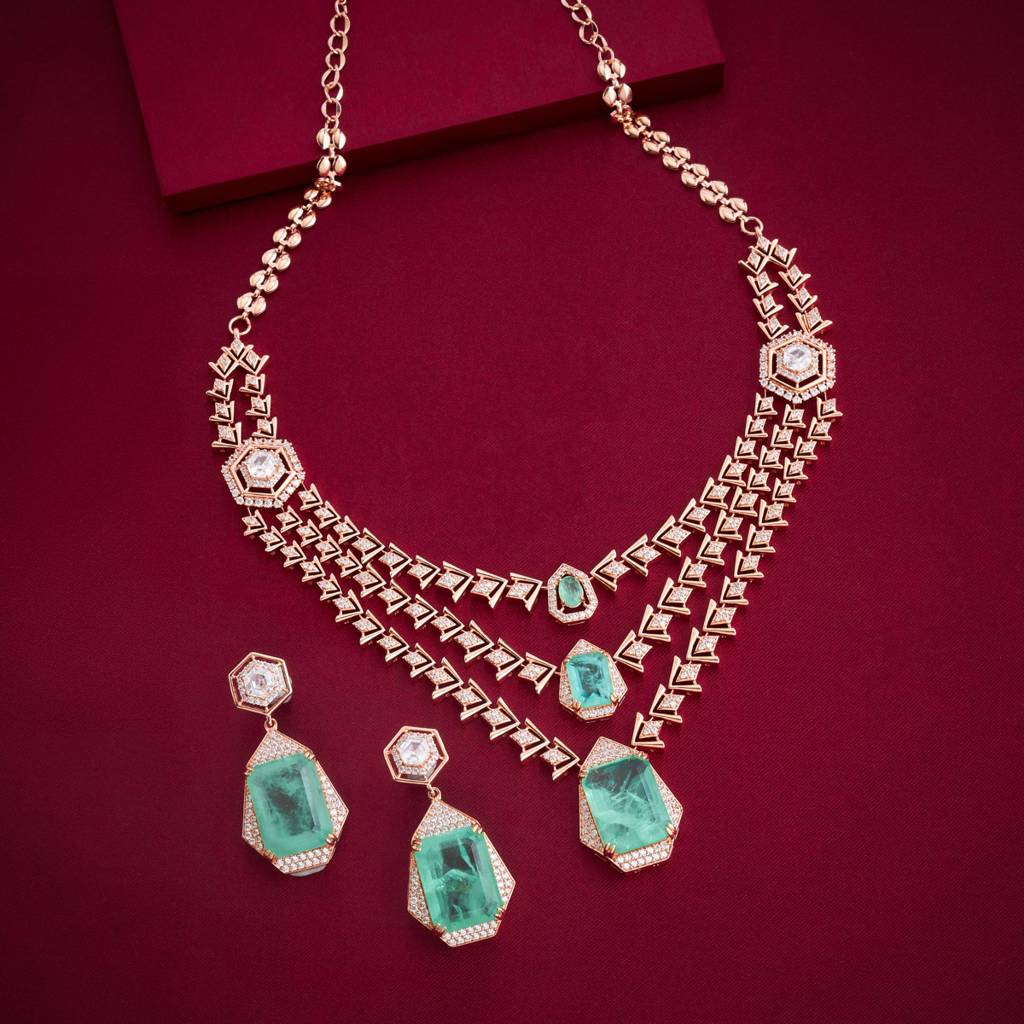 Rose Gold-Plated Party Zircon Jewellery Set - 454189 : 454190