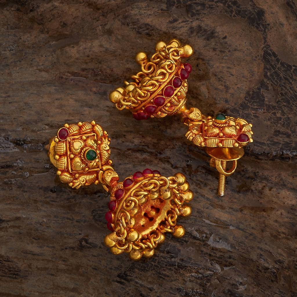 Kushal'S Fashion Jewellery Ruby-Green Gold-Plated Ethnic 92.5 Pure Silver Temple Jhumkas-174145 : 417974