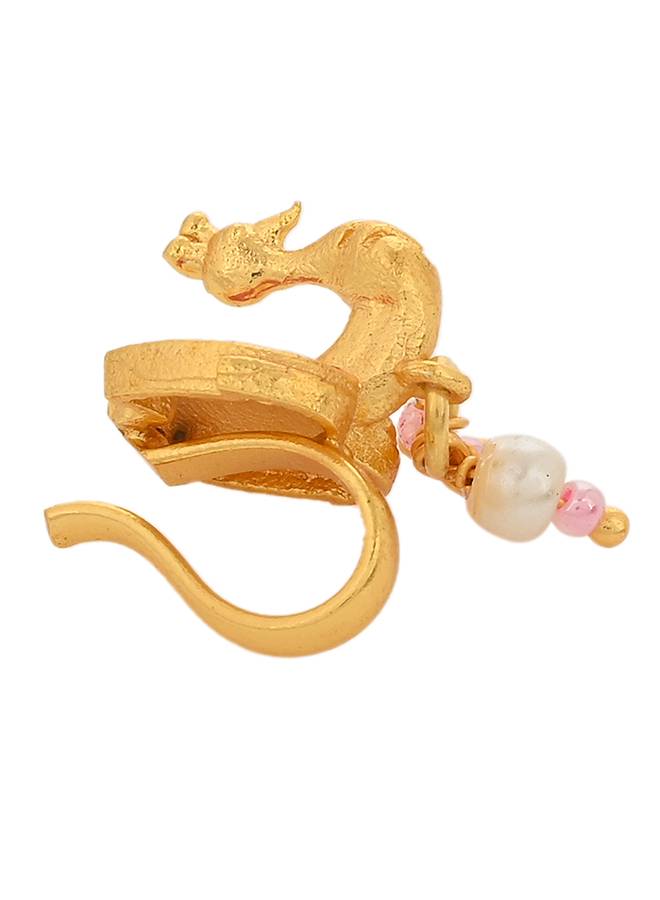 Shwet Kamal Lotus Motif Faux Pearls Gold Plated Slip On Nose Pin : 8905124464528