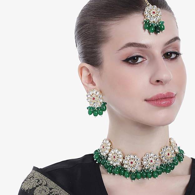 Estele Gold Plated Trendy Gehena Necklace Set & Maang Tikka With Green Beads For Women : PJ-034-IGGNNKERTK