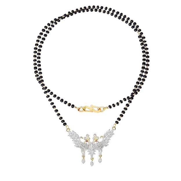 Gold & Rhodium Plated Exquisite Twin Peacock Mangalsutra Set With Black Beads & White Crystals For Women : OSAKMS002-2TNWENKER