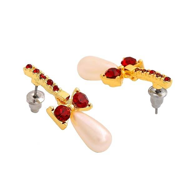 Stylish Red Stone Bow Design Pearl Drop Earrings For Women : 5010114-IG-RDER