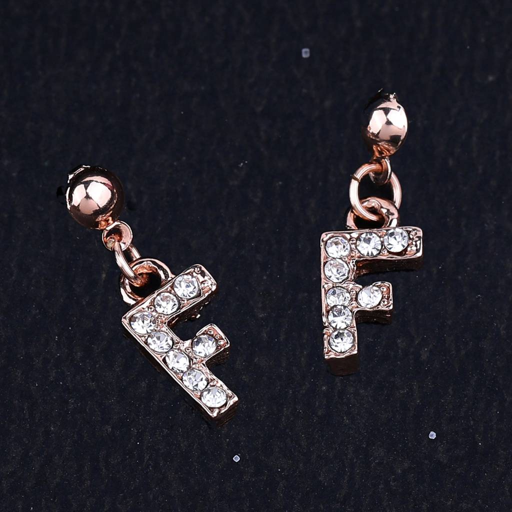 Estele Rosegold Plated Magnificent Medium 'F' Letter Earrings With Crystals For Women : 801701-RG-FER