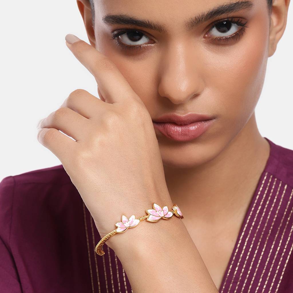 Estele Gold Plated Pink Enamel Lotus Designer Charming Cuff Bracelet For Girl'S & Women : AD-061-IGBR