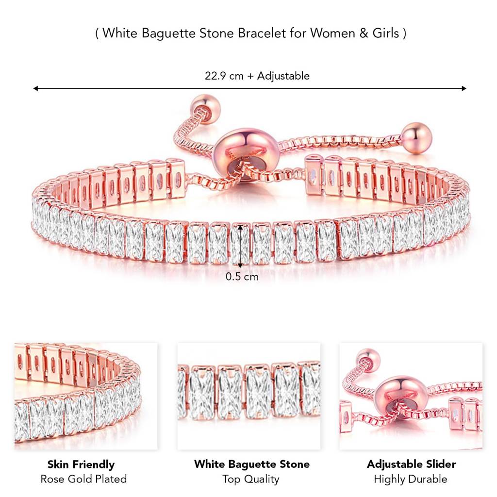 Rose Gold Plated Baguette Stone Studded Adjustable Tennis Bracelet Stylish Fashion Jewellery For Women & Girls-Px8B : PX8B80CW