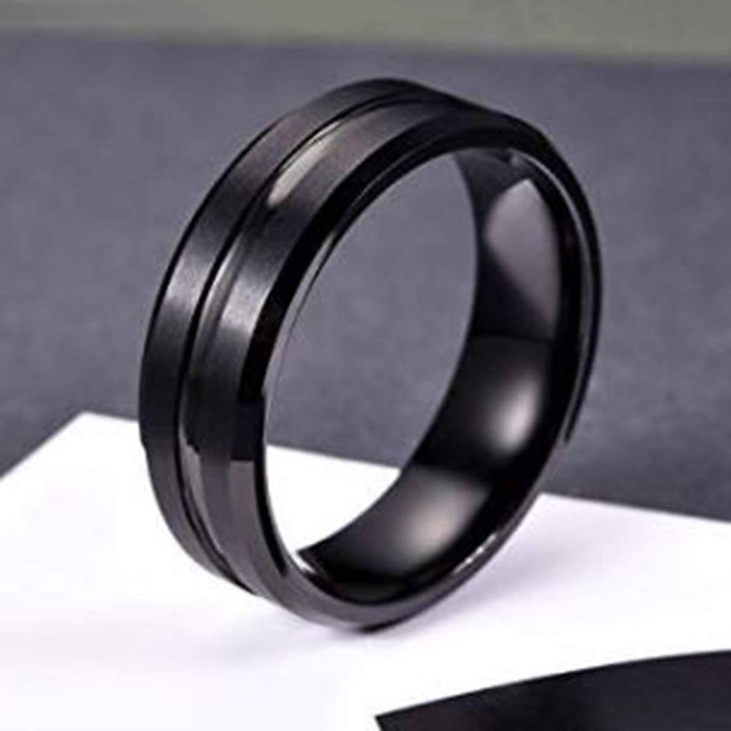 Black Tungsten Grooved Centre Polished Wedding Band Ring Gift For Men Boys : PX9R54-10