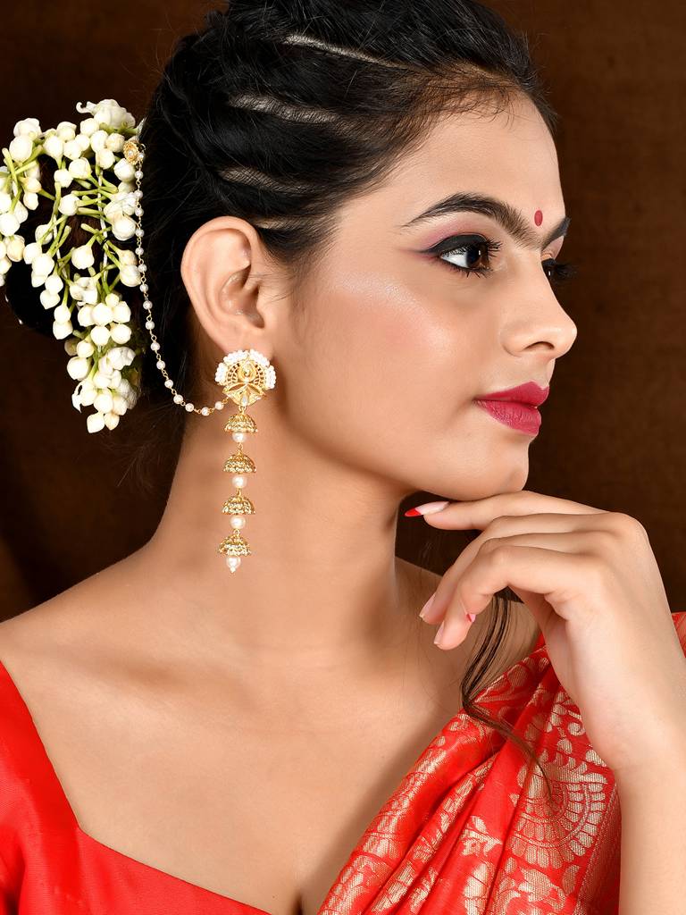 Aradhana Roshini Long Drop Jhumka With Ear Chain : 8905124510652