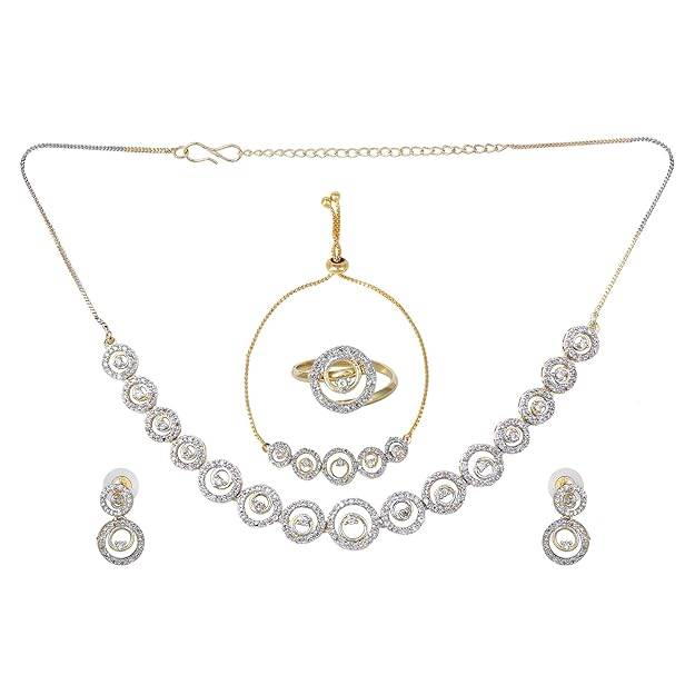 lry Combo Of Choker Necklace Set With Earrings, Bracelet & Ring For Women-Gold & Rhodium Plated White : OSAKCOM005-2TNWENKERBRFN