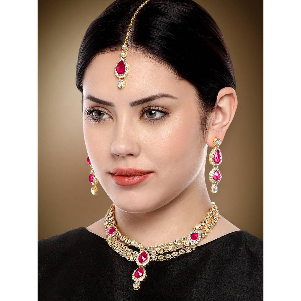 Gold Plated Traditional Rani Pink Kundan Necklace Earring Maang Tikka Jewellery Set For Women : PF25N009RP