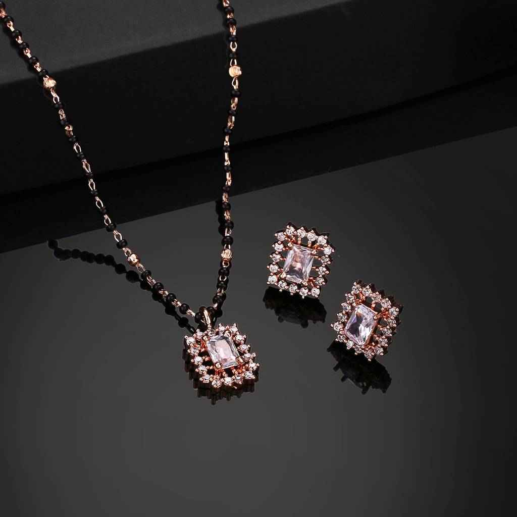 Estele Rose Gold Plated Cz Square Designer Mangalsutra Necklace Set With White Stone For Women. : ADMS038-RGWENKER