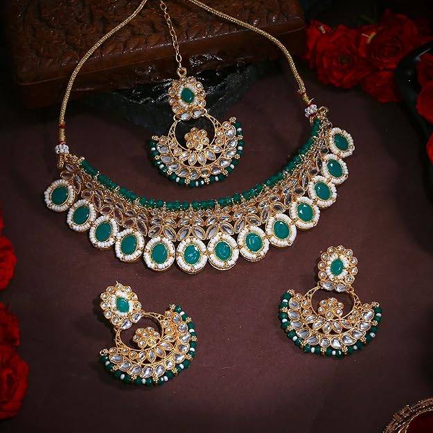 Estele Gold Plated Dazzling Gehena Necklace Set & Maang Tikka With Green Stones For Women : PJ-044-IGGNNKERTK