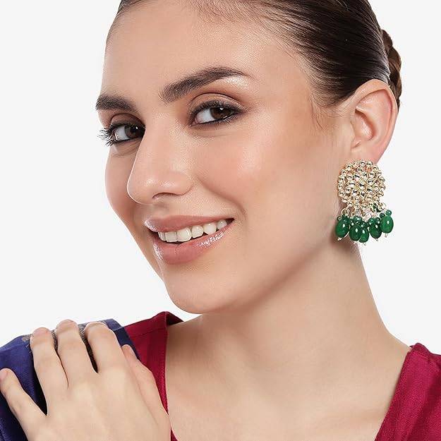 Estele Gold Plated Floral Designer Gehena Drop Earrings With Green Beads For Girls/Women : PJ-004-IGGNER