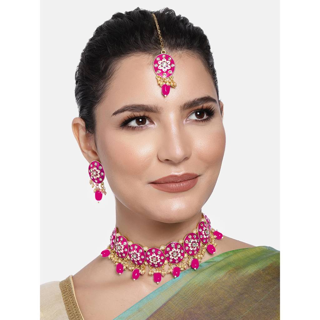 Gold Plated Rani Pink Meenakari Enamel Choker Necklace With Earring Maang Tikka Fashion Jewellery Set For Women G : PF27N666RP