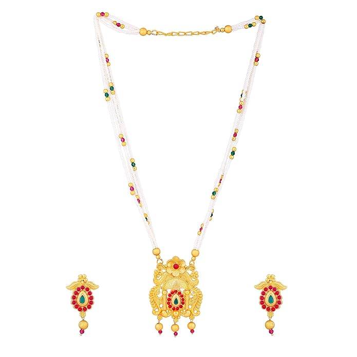 Estele Gold Plated Traditional Gehena Pearl Necklace Set With Ruby Crystals For Women : PJ-046-IGRBNKER