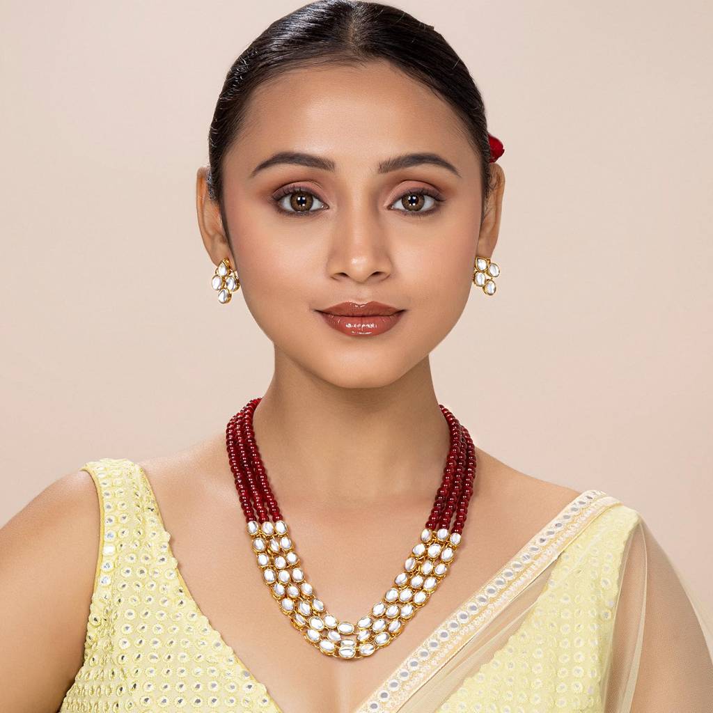 Gold Plated Traditional Kundan Long Necklace Jewellery Set With Earring Gift For Women Girls-Pf26N1171 : PF26N1171M