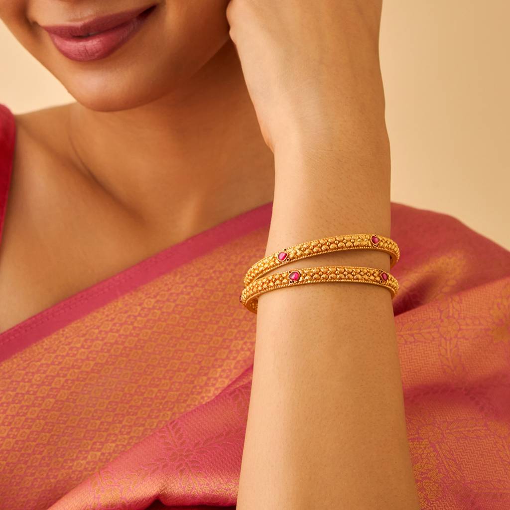 Kushal'S Fashion Jewellery Ruby Gold-Plated Ethnic 92.5 Pure Silver Temple Bangles-177417 : 425472