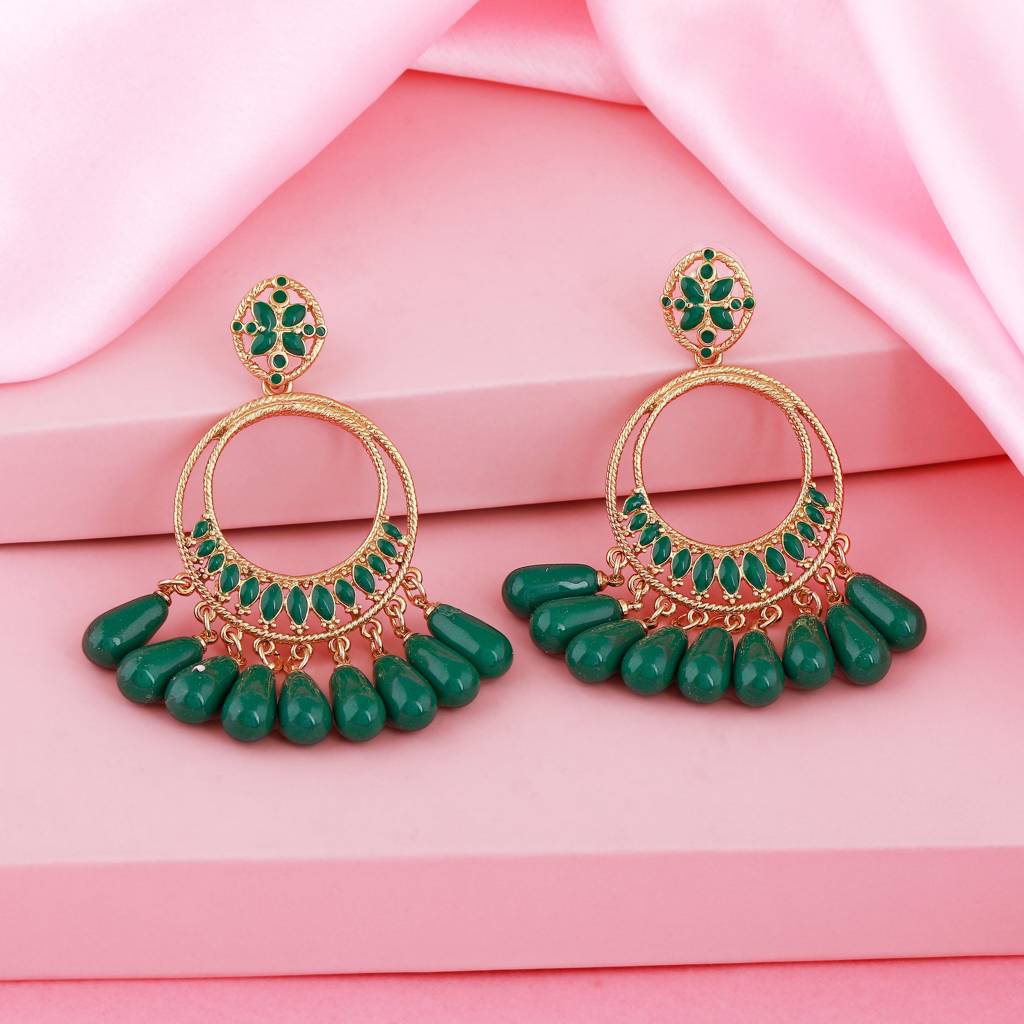 Estele Gold Plated Fascinating Chandbali Earrings With Emerald Beads For Women : 714704-IGER