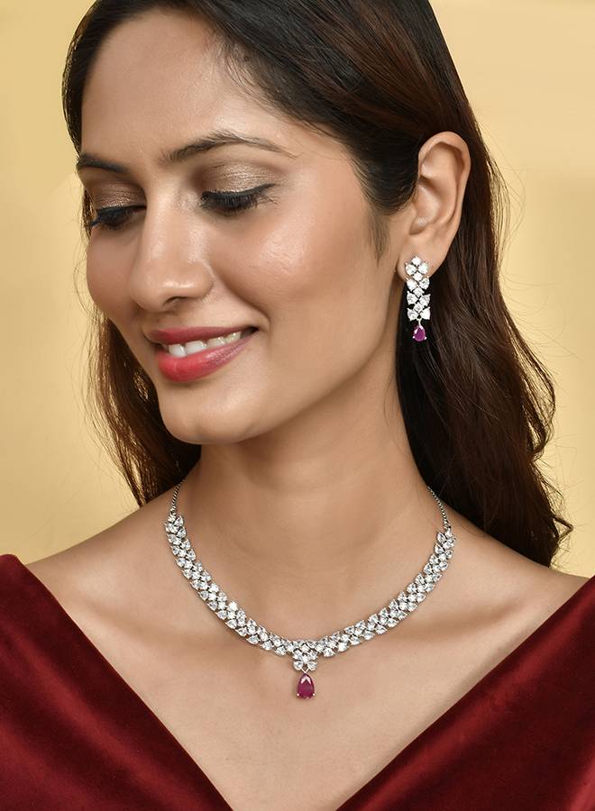 Sparkling Elegance Red And White Cz Jewellery Set : 8905124498929