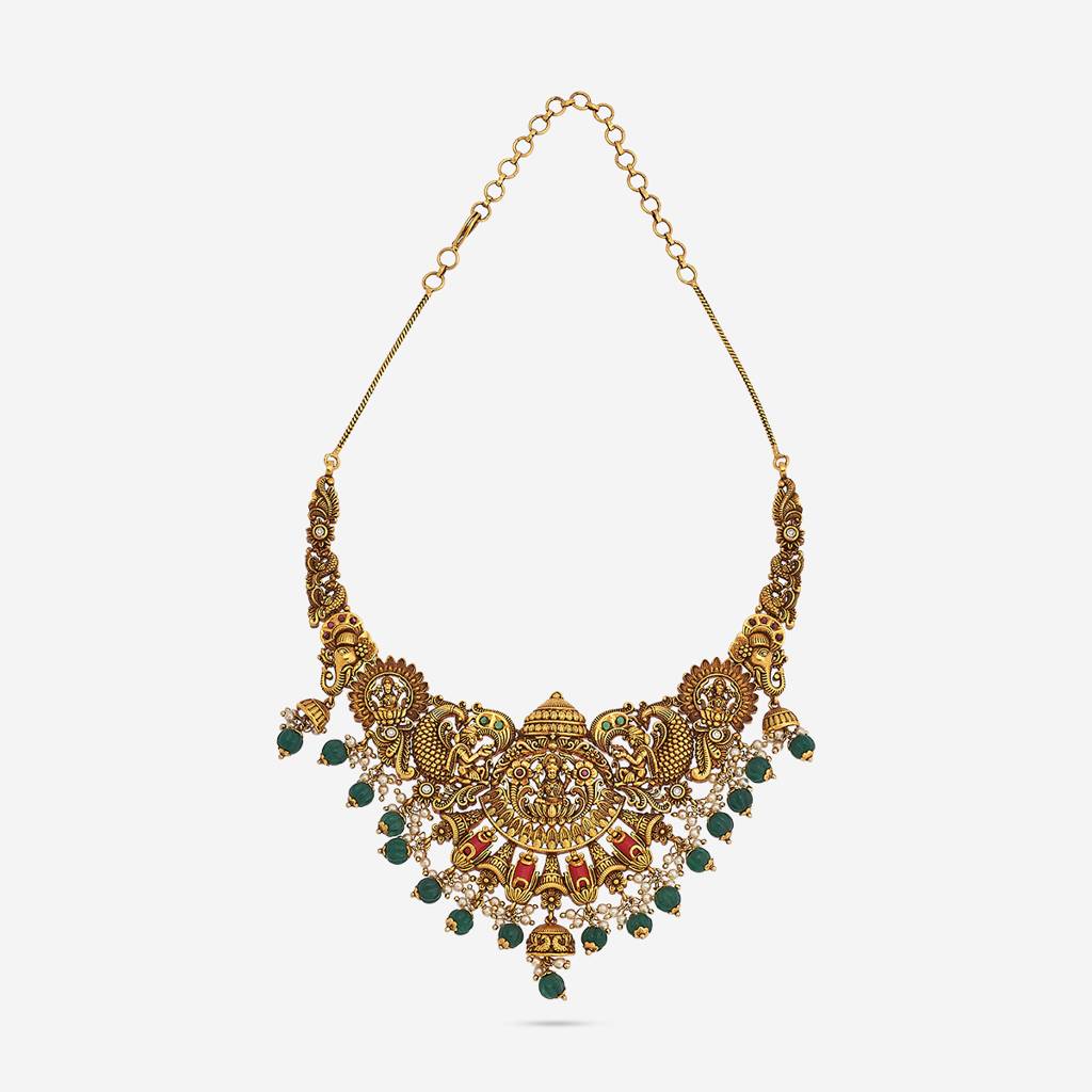 Kushal'S Fashion Jewellery Ruby-Green Gold-Plated Ethnic Antique Necklace And Earring Set  -185188 : 449303