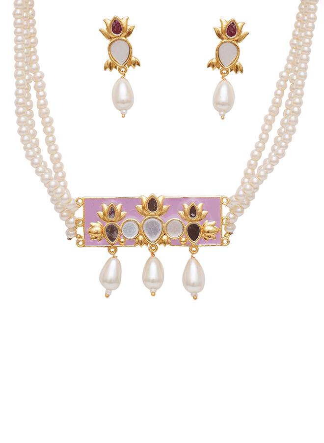 Pink Pearl String Short Festive Hues Necklace With Mirror Work Enameled Motif : 8905124466270