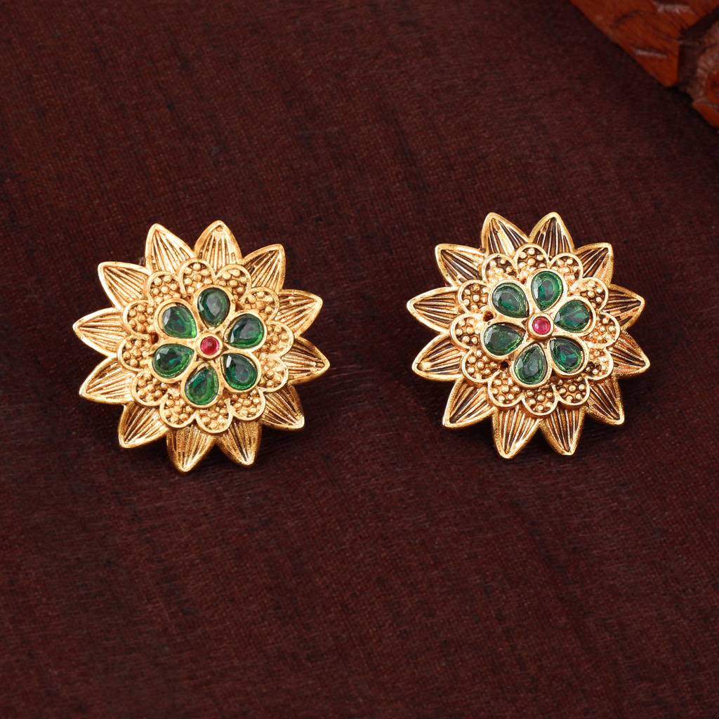 Estele Gold Plated Flower Designer Matte Finish Stud Earrings With Multi-Color Crystals For Women : AD-116712-IGMCER