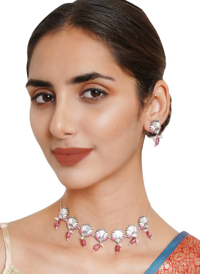 Festive Hues Mirrored Floral Motifs Brass Oxidised Silver Plated Jewellery Set : 8905124466133