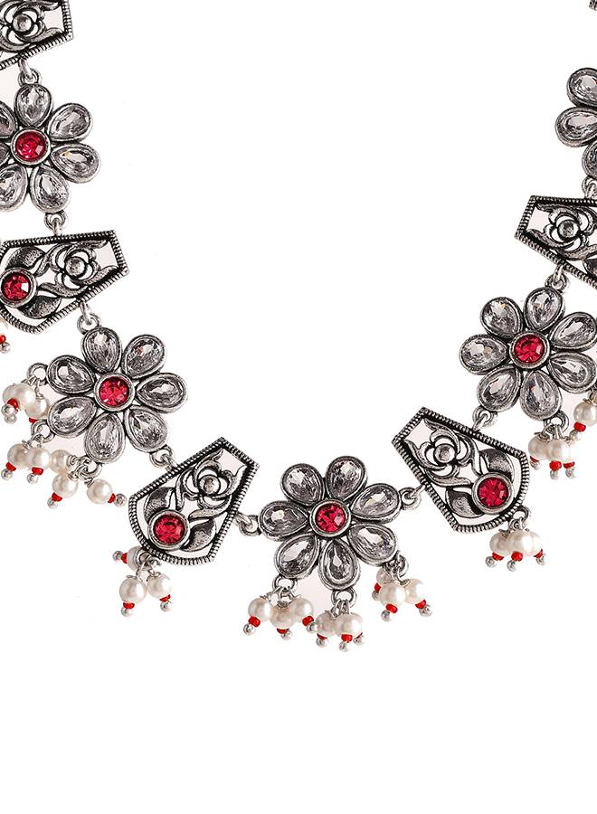 Abharan White Stones And Pearls Floral Jewellery Set : 8905124493702