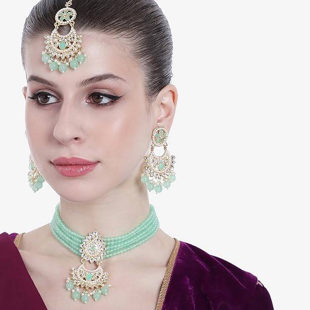 Estele Gold Plated Graceful Gehena Necklace Set & Maang Tikka With Mint Green Beads For Women : PJ-033-IGMGNKERTK