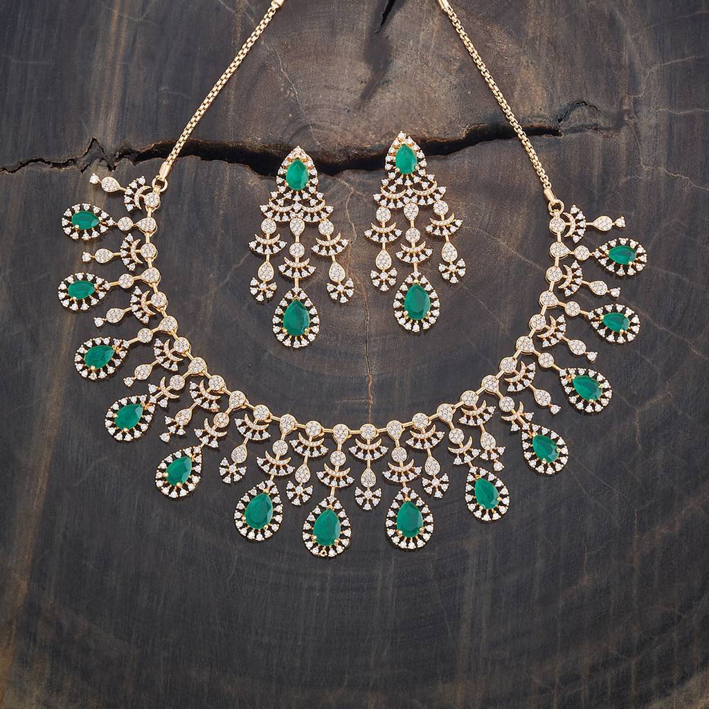 Green Gold-Plated Party Zircon Necklace Set-424448 : 424448